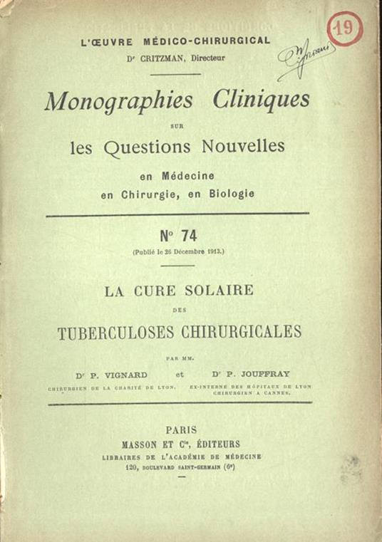 La cure solaire des tuberculoses chirurgicales - P. Vignard - copertina