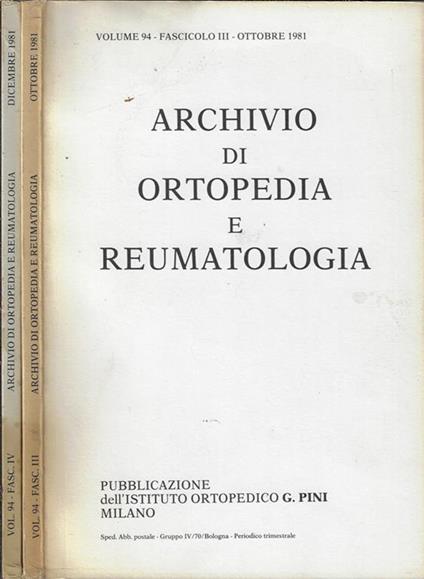 Archivio di ortopedia e reumatologia Volume 94 fascicoli III, IV Anno 1981 - copertina