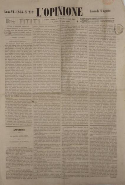 L' Opinione - Anno VI 1853 n: 212 - copertina