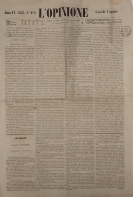 L' Opinione - Anno VI 1853 n: 212 - copertina