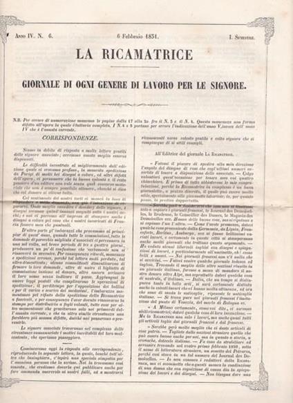 La ricamatrice. Giornale di ogni genere di lavoro (.). 6 Febbraio 1851 - copertina