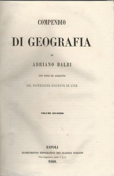 Compendio Di Geografia - Volume Secondo - Adriano Balbi - copertina
