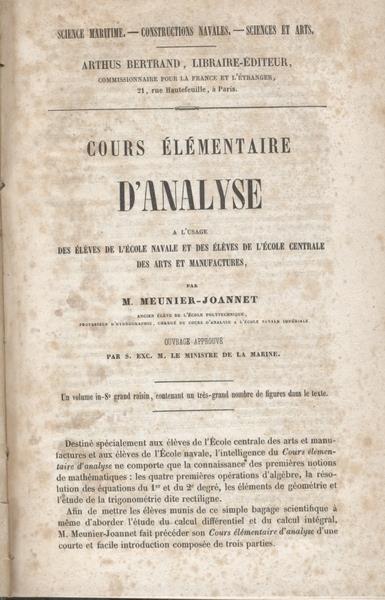 Cours Elementaire D'Analyse - J. Meunier-Joannet - copertina