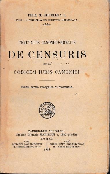 De Censuris. Iuxta codicem iuris canonici - copertina