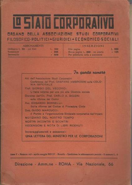 Lo Stato Corporativo. Rivista Mensile: Anno V N. 4-5. Aprile- Maggio - copertina