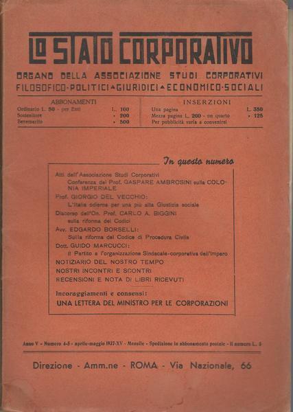 Lo Stato Corporativo. Rivista Mensile: Anno V N. 4-5. Aprile- Maggio - copertina