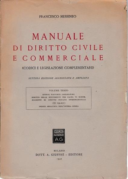 Manuale di diritto civile e commerciale. Volume terzo - Francesco Messineo - copertina