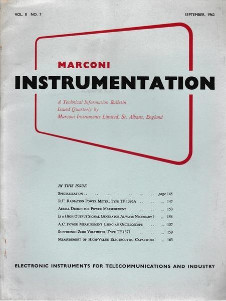 Marconi instruments.A Technical Information Bulletin. Vol. 8 - N. 7 - Sett. 1962 - P. M. Ratcliffe - copertina