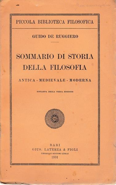 Sommario di storia della filosofia. Antica. Medievale. Moderna - Guido De Ruggiero - copertina