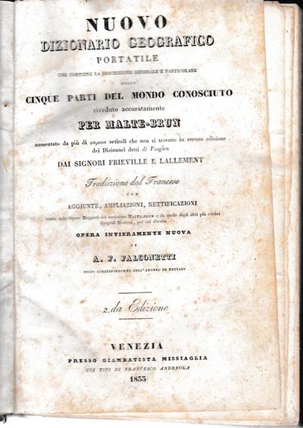 NUOVO DIZIONARIO GEOGRAFICO PORTATILE CHE CONTIENE LA DESCRIZIONE GENERALE E PARTICOLARE DELLE CINQUE PARTI DEL MONDO CONOSCIUTO - Conrad Malte-Brun - copertina