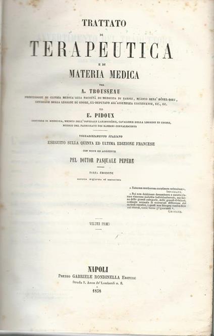 Trattato di terapeutica e di materia medica. Volume primo e secondo in un tomo - Armand Trousseau - copertina