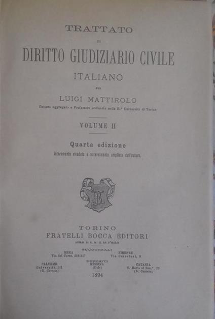 Trattato di Diritto Giudiziario Civile Italiano. Voluem II - Luigi Mattirolo - copertina