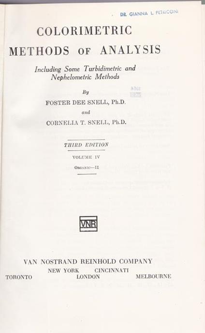 Colorimetric Methods of Analysis. IV. Organic.II - copertina