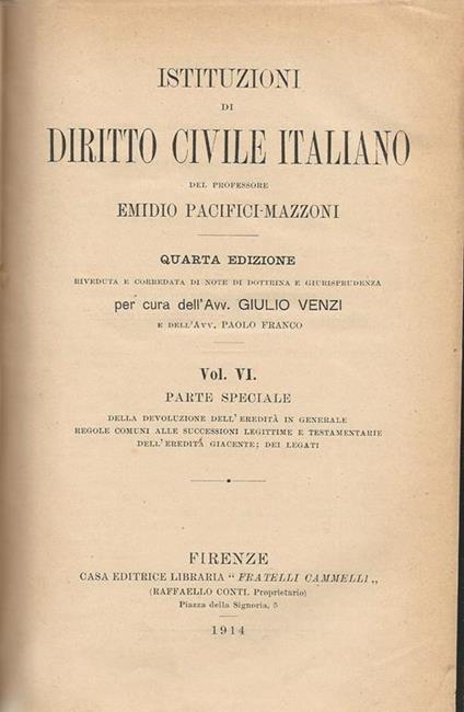 Istituzioni di diritto civile italiano. Vol VI - Emidio Pacifici Mazzoni - copertina