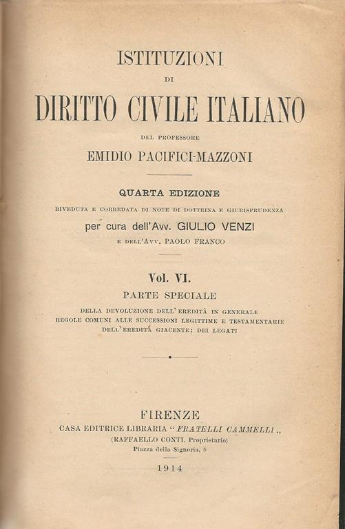 Istituzioni di diritto civile italiano. Vol VI - Emidio Pacifici Mazzoni - copertina
