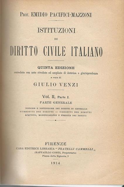 Istituzioni di diritto civile italiano. Vol II,parte I - Emidio Pacifici Mazzoni - copertina