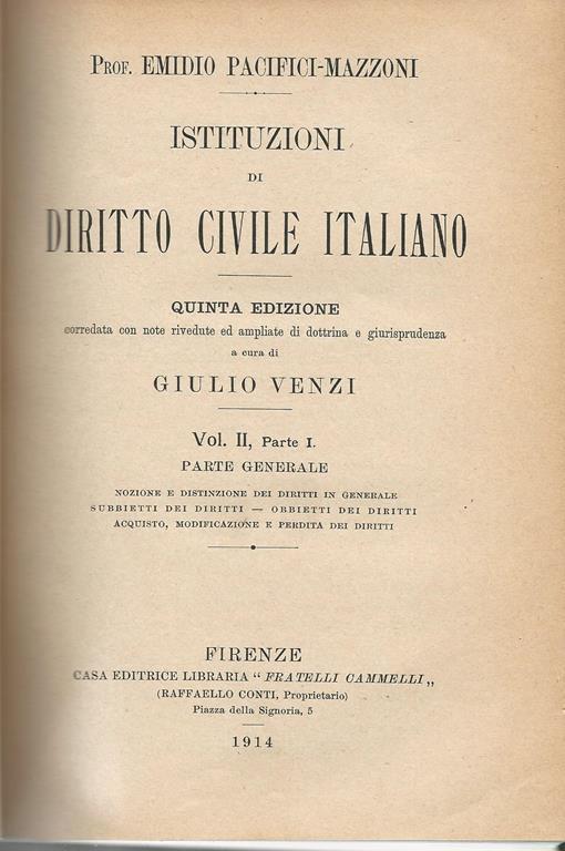 Istituzioni di diritto civile italiano. Vol II,parte I - Emidio Pacifici Mazzoni - copertina