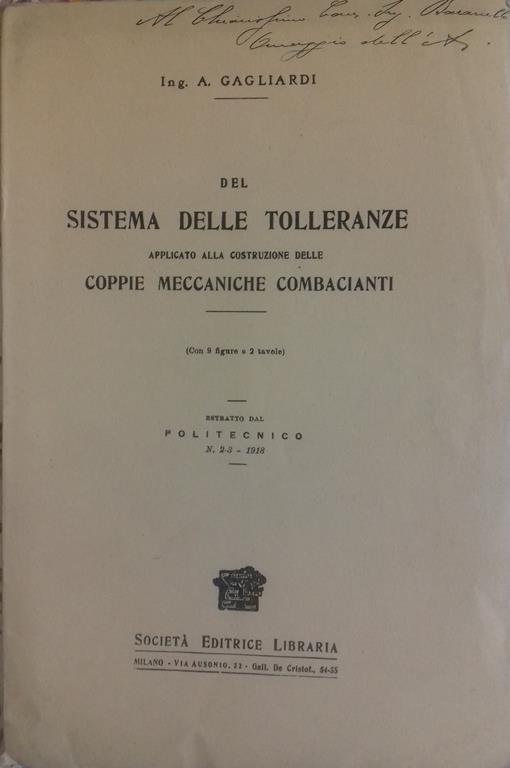Del sistema delle tolleranze applicato alla costruzione delle coppie meccaniche combacianti - Achille Gagliardi - copertina