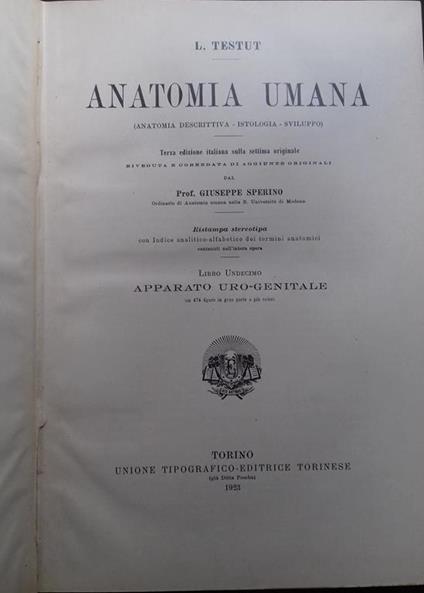 Anatomia umana. Libro undecimo: Apparato Uro-Generale - Léon Testut - copertina