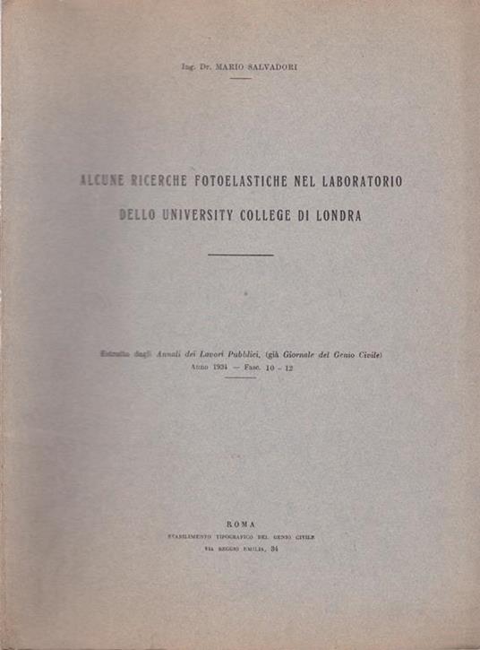 Alcune ricerche fotoelastiche nel laboratorio dello University College di Londra - M. Salvadori - copertina