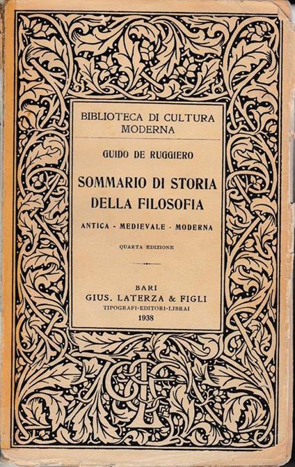 Sommario di storia della filosofia. Antica - Medievale - Moderna - Guido De Ruggiero - copertina