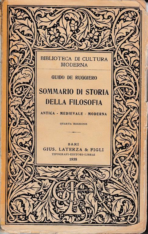 Sommario di storia della filosofia. Antica - Medievale - Moderna - Guido De Ruggiero - copertina