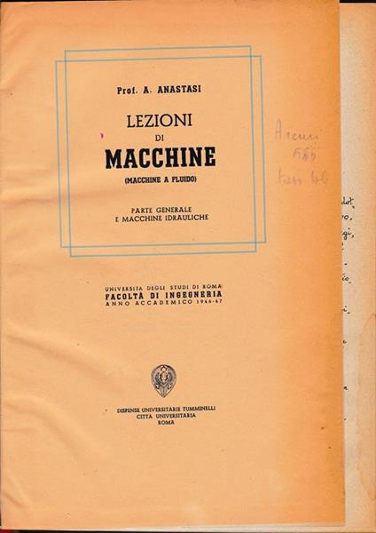 Lezioni di Macchine (Macchine a fluido). Parte generale e macchine idrauliche - Anne Anastasi - copertina