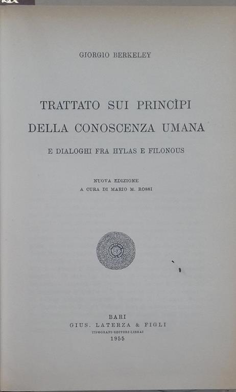 Trattato sui principi della conoscenza umana e dialoghi fra Hylas e Filonous - George Berkeley - copertina