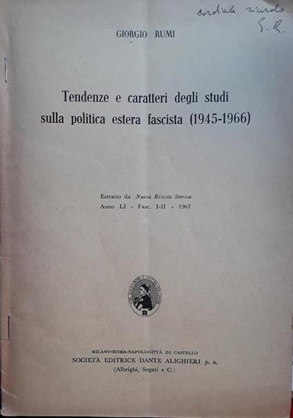 Tendenze e caratteri degli studi sulla politica estera fascista 1945 - 1966 - Giorgio Rumi - copertina