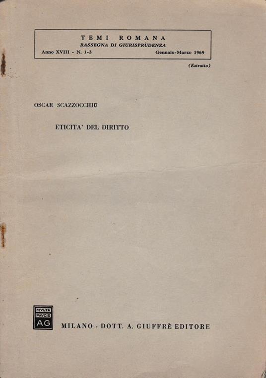 Eticità del diritto. Temi Romana anno XVIII n1-3 Genn.- Mar. 1969 - Oscar Scazzocchio - copertina