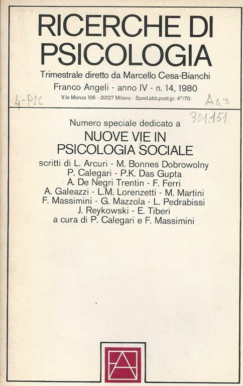 Ricerche di psicologia. Numero speciale dedicato a Nuove vie in psicologia sociale. Anno IV, n.14 1980 - Marcello Cesa Bianchi - copertina