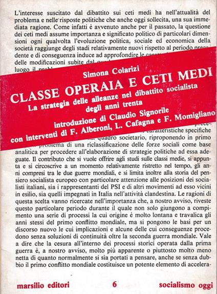 Classe operaia e ceti medi. La strategia delle alleanze nel dibattito socialista degli anni Trenta - Simona Colarizi - copertina