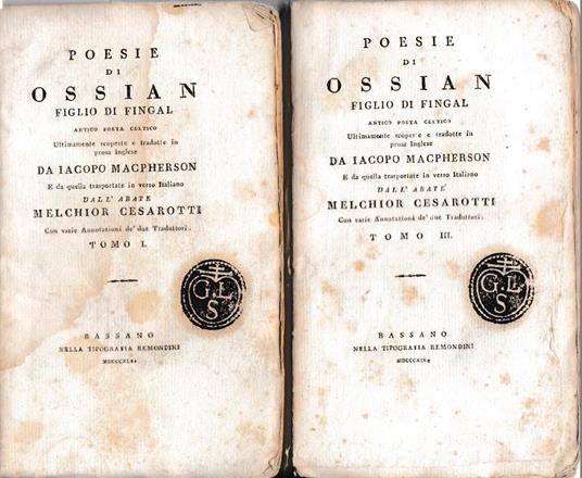 Poesie di Ossian figlio di Fingal I° e III° tomo - I. Macpherson - copertina