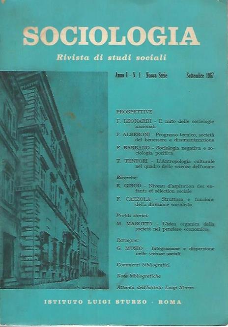 Sociologia. Rivista di studi sociali. Anno 1 n. 1 settembre 1967 - copertina