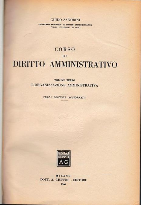 Corso di diritto amministrativo vol. 3° - Guido Zanobini - copertina