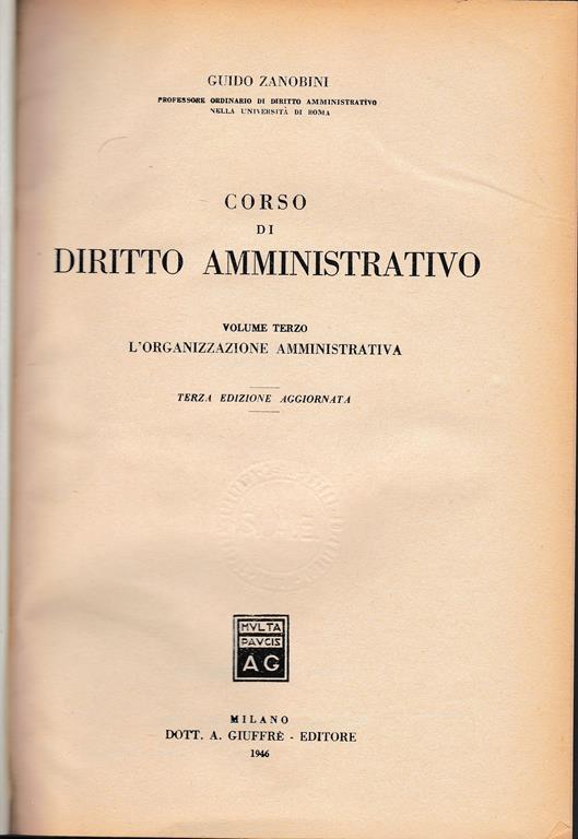 Corso di diritto amministrativo vol. 3° - Guido Zanobini - copertina