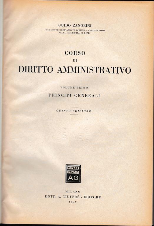 Corso di diritto amministrativo vol. 1° - Guido Zanobini - copertina