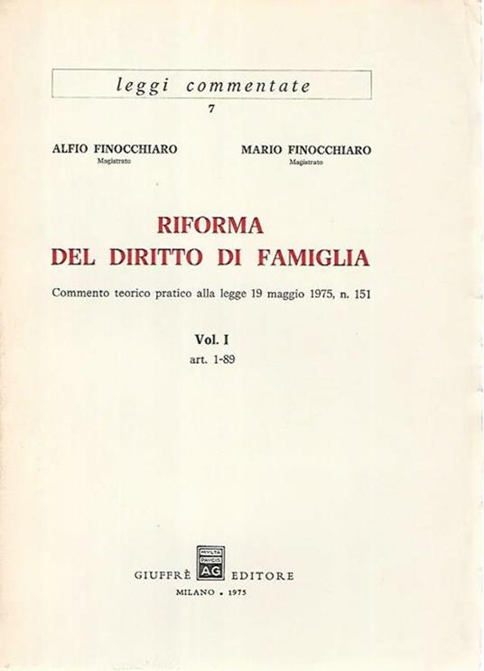 Riforma del diritto di famiglia. Volume I - Alfio Finocchiaro - copertina