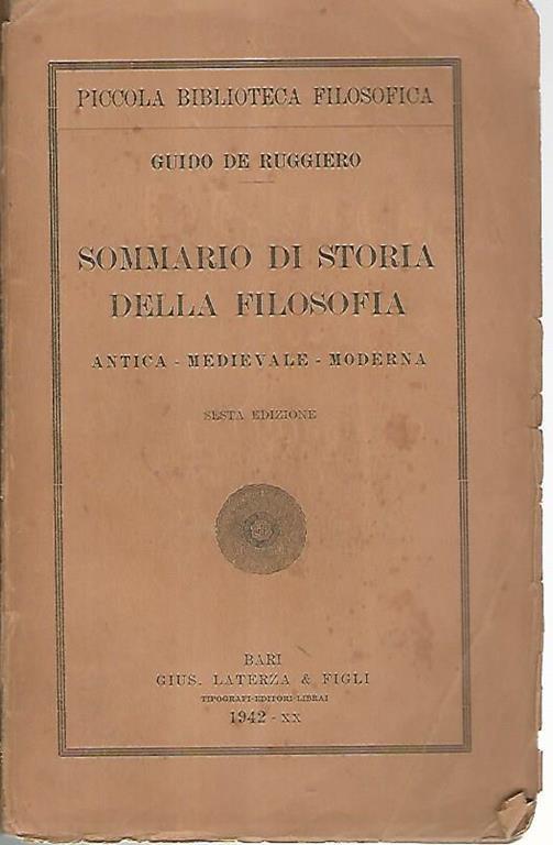 Sommario di storia della filosofia antica - medievale - moderna - Guido De Ruggiero - copertina