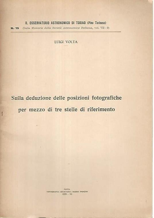 Sulla deduzione delle posizioni fotografiche per mezzo di tre stelle di riferimento - Luigi Volta - copertina