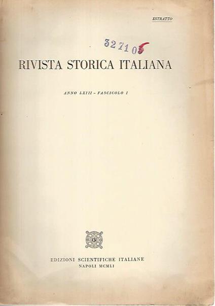Rivista storica italiana. Anno LXIII.Fascicolo I. Estratto - copertina