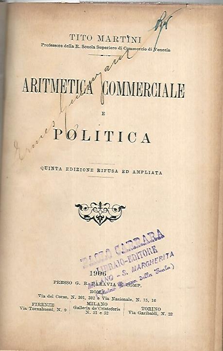 Aritmetica commerciale e politica - Tito Martini - copertina