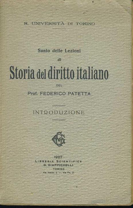 Sunto delle lezioni di storia del diritto italiano - Federico Patetta - copertina
