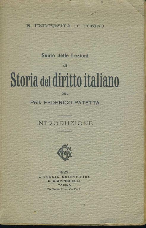Sunto delle lezioni di storia del diritto italiano - Federico Patetta - copertina