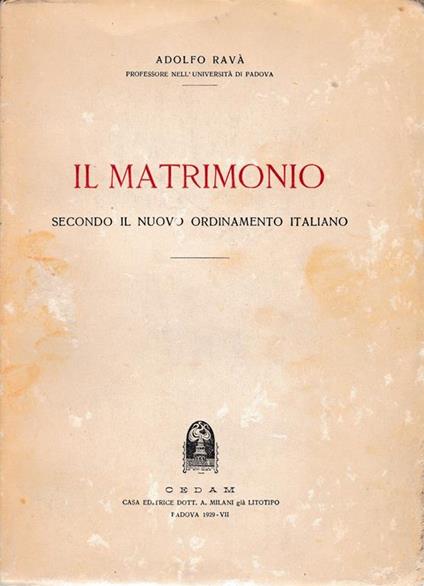 Il matrimonio secondo il nuovo ordinamento italiano - A. Rava - copertina