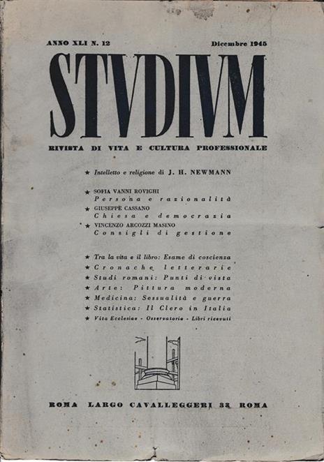 Studium. Rivista di vita e cultura professionale, anno XLI, n. 12 Dicembre 1945 - copertina