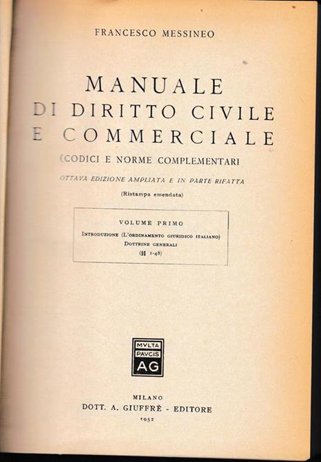 Manuale di diritto civile e commerciale, 1° volume - Francesco Messineo - copertina