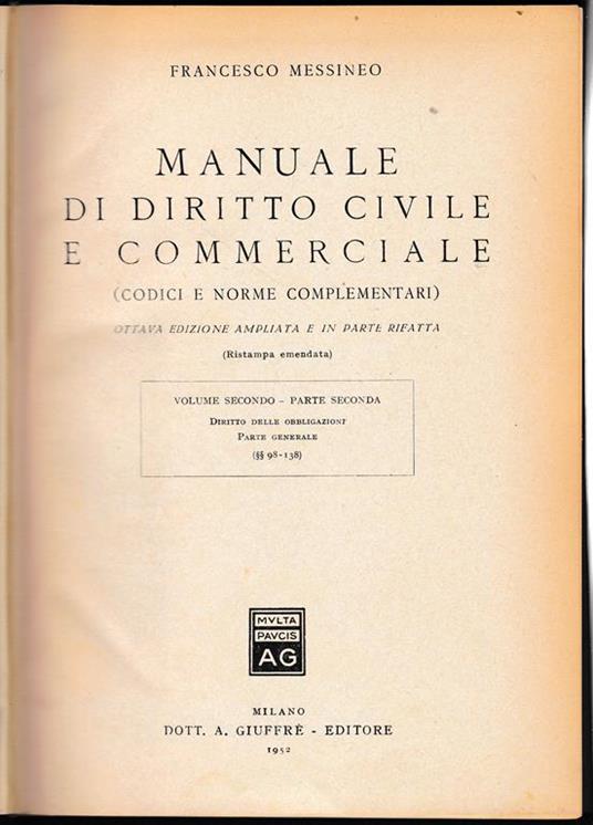 Manuale di diritto civile e commerciale, vol. 2° - parte seconda - Francesco Messineo - copertina