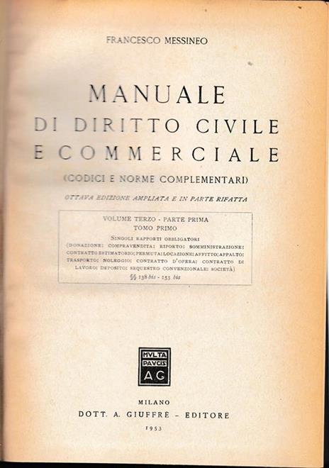 Manuale di diritto civile e commerciale, vol. 3° - parte prima - Francesco Messineo - copertina