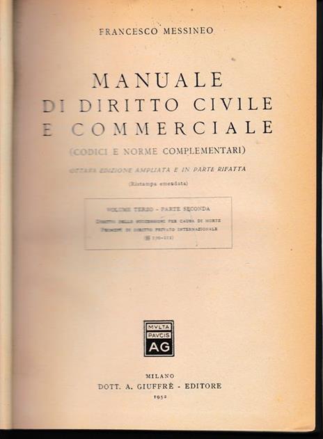 Manuale di diritto civile e commerciale, vol 3° - parte seconda - Francesco Messineo - copertina